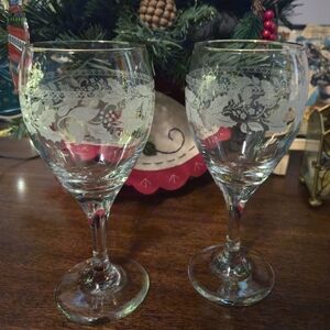 Vintage Libbey Holly Berry Etched Wine Glasses Gold Rim Pair